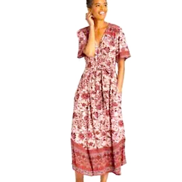 NWT KNOX ROSE Short Sleeve Wrap Tie Duster maxi Dress cottage Rust Floral boho S - Picture 1 of 13